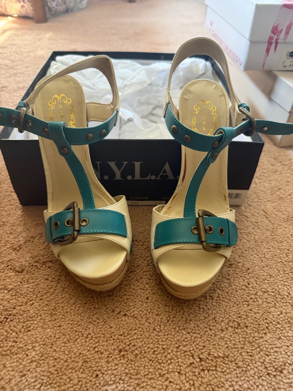 N.Y.L.A. Teal and Cream T-Strap Platform Wedges